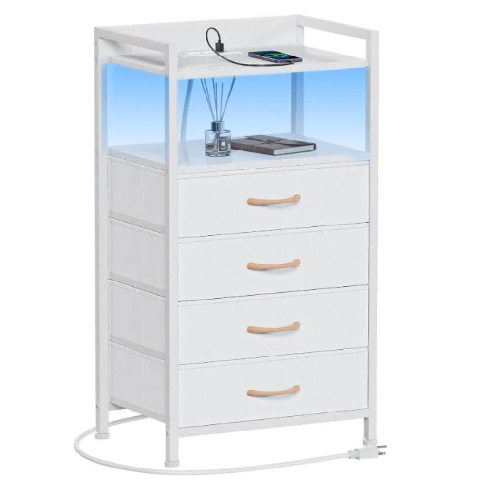 White bedside table with 4 storage drawers, LED light and charging station, living room side table bedside table
White bedside table with 4 storage drawers, LED light and charging station, living room side table bedside table