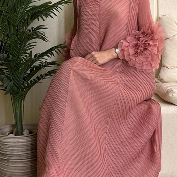 Vestido de Verão Feminino Elegante com Rendas Ocas e Babados 12 ANLAN Miyake Pleated Maxi Long Dress Mesh Petal Sleeve Half Turtleneck Formal Dresses for Women 2024 New Hot Sales 6KK9927
