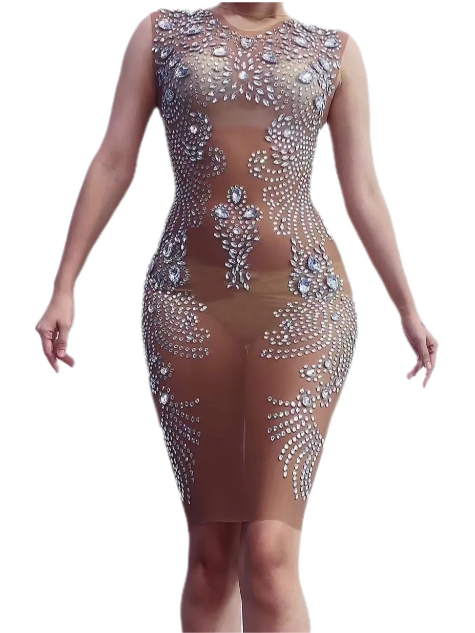 Brown Shining Rhinestones Sleeveless Sexy Sheath Dress For Women Nightclub Party Clothing Singer Stage Costumes Prom Wears
Brown Shining Rhinestones Sleeveless Sexy Sheath Dress For Women Nightclub Party Clothing Singer Stage Costumes Prom Wears