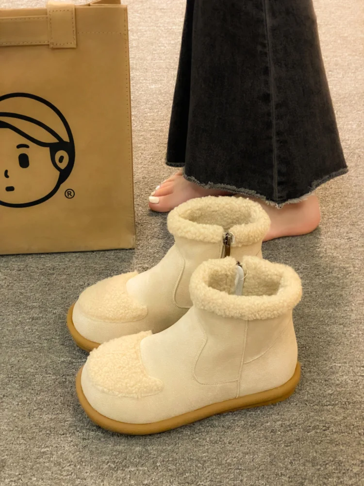 

Женские ботинки на плоской подошве, женская обувь, австралийские ботинки с круглым носком, женская зимняя плюшевая обувь, низкая женская кожаная обувь для снежной погоды, 2023 мех