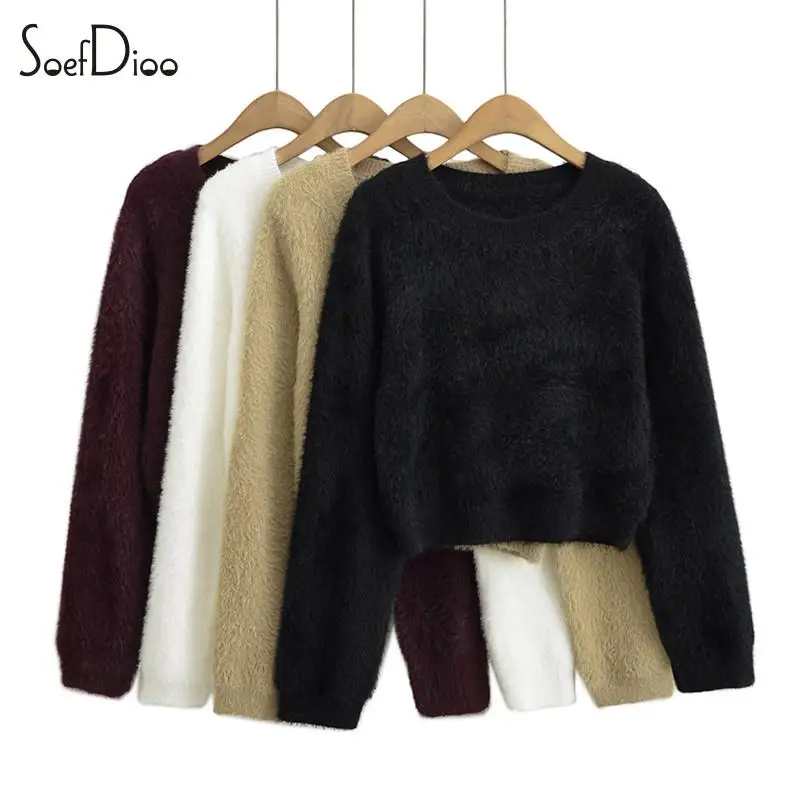 

Soefdioo Chic Stunning Fur Knit Pullover Women Fashion O-Neck Long Sleeve Crop Sweater 2024 Spring Y2K Casual Party Streetwear