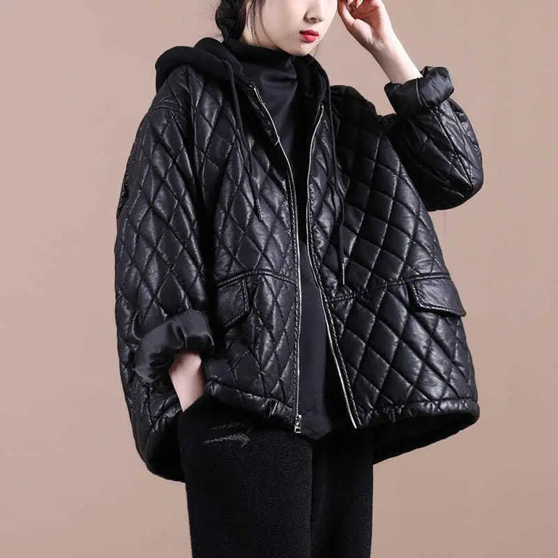 

Winter Jacket Loose Women's Autumn Winter Overcoat 2021 New Korean Chic Warm Rhombus Plaid Thick Hooded PU Leather Jacket Female
