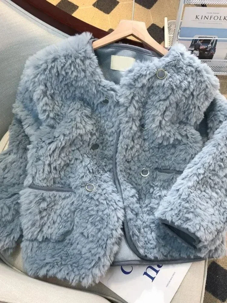 

Новинка 2023, женская одежда, осень-зима, искусственная овечья шерсть, с круглым вырезом, плюшевая куртка, корейская мода, теплые короткие женские пальто