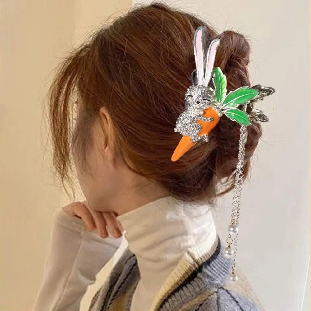 

Women Shiny Crystal Rabbit Carrot Tassel Hair Claws Zircon Shark Clip Ponytail Holder Hairgrip Party Headwear