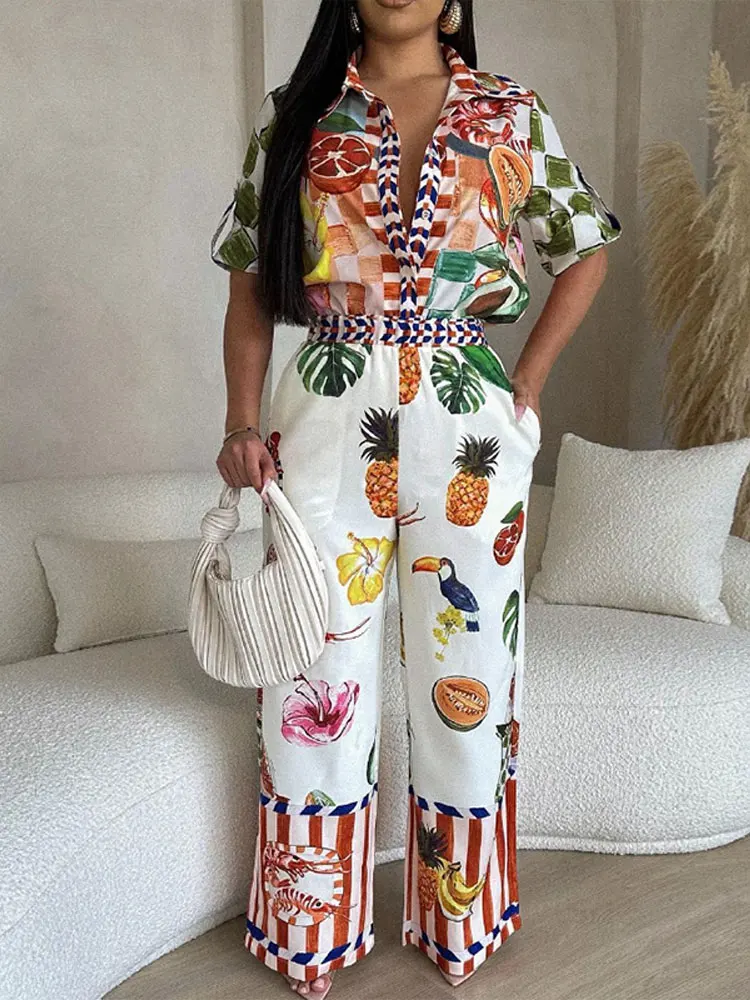 Women Blouse Straight Trousers Two Piece Set Short Sleeve Shirt Loose Pants Set Summer Ladies Printing Top Matching Sets
Women Blouse Straight Trousers Two Piece Set Short Sleeve Shirt Loose Pants Set Summer Ladies Printing Top Matching Sets