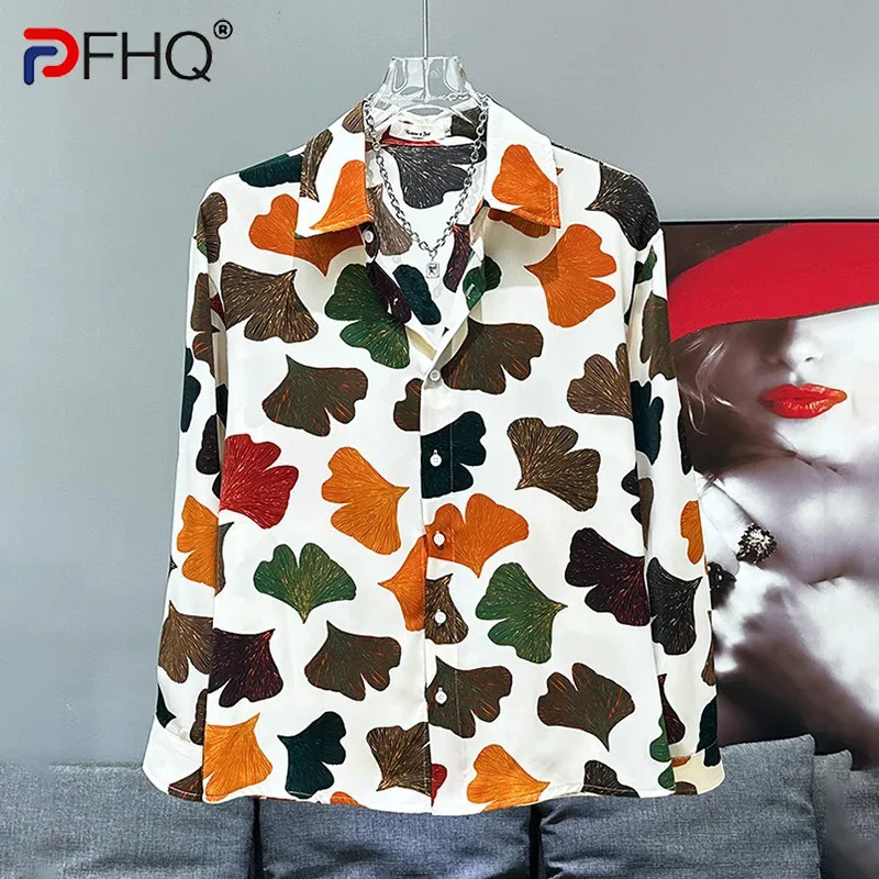 

PFHQ Summer Shirts Long Sleeved Men's Thin Non Ironing New Handsome Petal Printed Ice Delicacy Advanced Male Button Tops 21Z4350