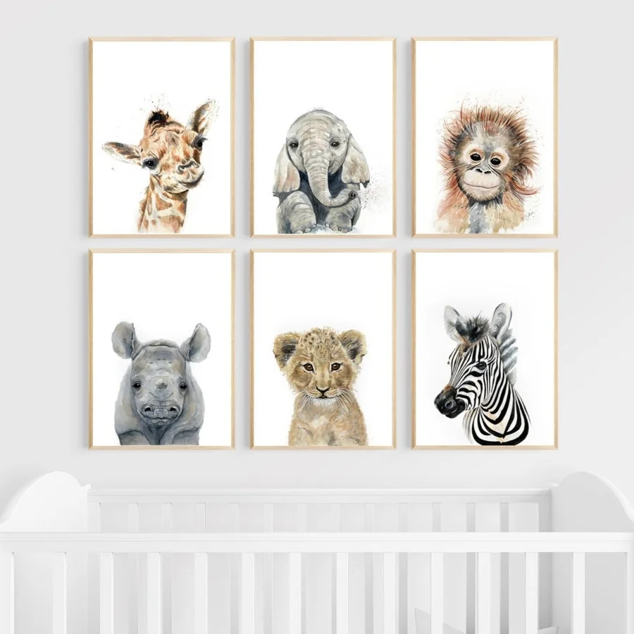 

Lion Elephant Giraffe Monkey Rhino Zebra Nursery Wall Art Print Canvas Painting Nordic Poster Wall Pictures Baby Kids Room Decor