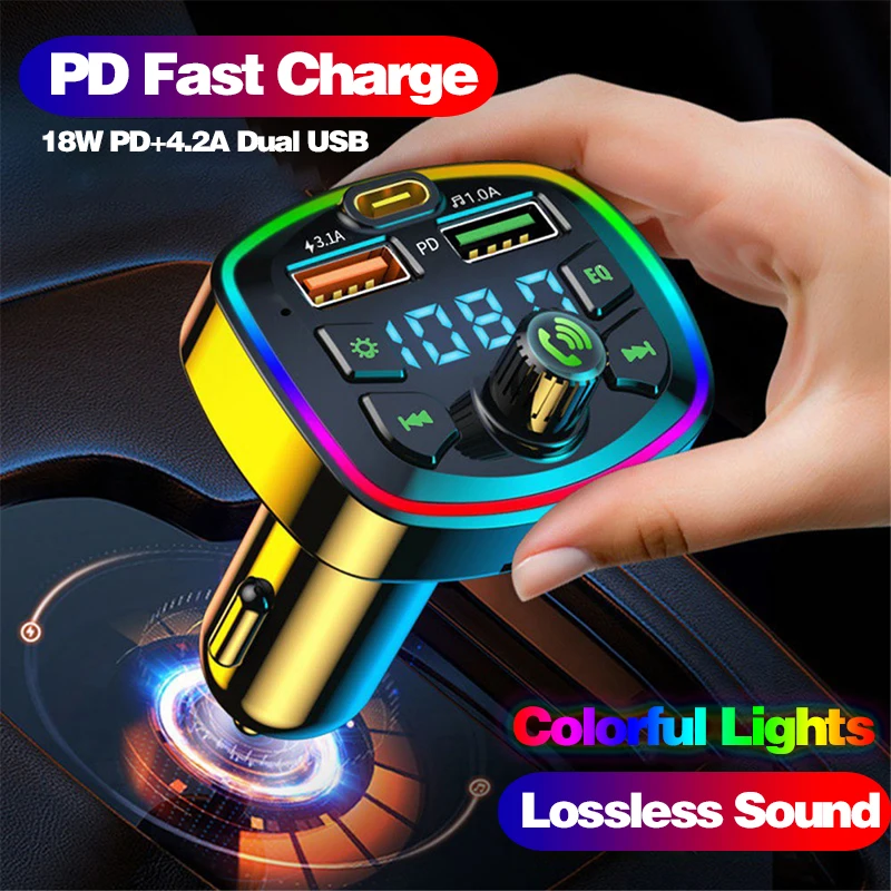 

Автомобильный Bluetooth прикуриватель, радио, FM-передатчик PD 18 Вт Type-C, двойной USB 3,1 А, цветное Внешнее зарядное устройство, MP3 музыкальный плеер