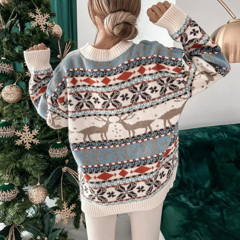 

Trendy Women Sweater Long Sleeve Elastic Pullover Sweater Elk Snowflake Striped Print Festive Christmas Jacquard Sweater Top