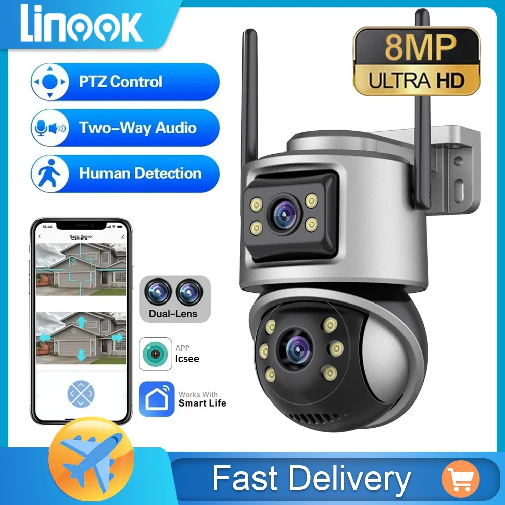 

Linook 8MP 5X zoom ICSEE dual lens waterproof CCTV 4K connection wireless WIFI monitoring outdoor IP camera PTZ night vision