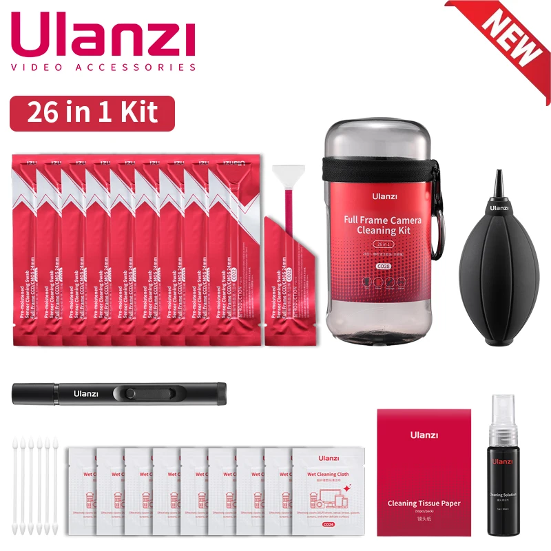 

Ulanzi 26 in 1 Lens Cleaning Kit For DSLR SLR MILC Cameras Sony Canon Fujifilm Nikon with Cleaning Solution Air Blower Wet Cloth