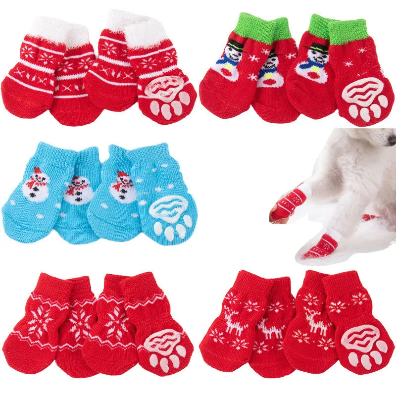 

4pcs Winter Pet Dog Socks Small Cat Knit Warm Socks Dog Anti-Slip Socks Chihuahua Thick Paw Protector Booties Pet Accessories