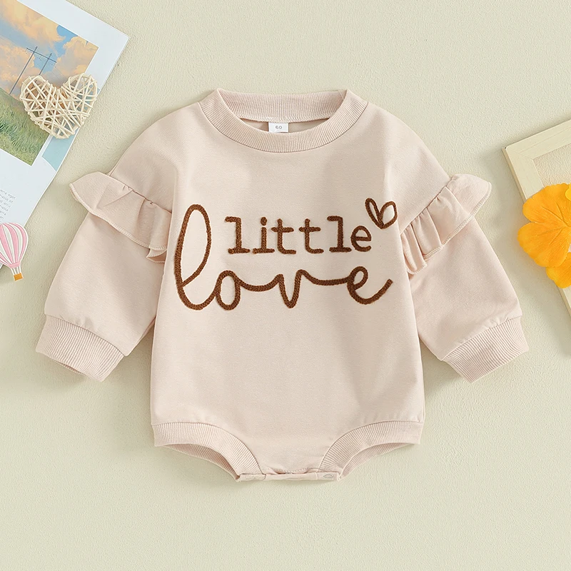 

BeQeuewll Baby Girls Romper Long Sleeve Crew Neck Embroidery Letters Fall Bodysuit Valentines Day Clothes For 0-18 Months