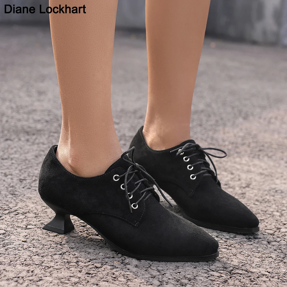 

Casual Women Lace-Up Pumps Pointed Toe Flock 5cm Med Heels Party Wedding Shoes 2024 New Fashion Women chaussures de femme