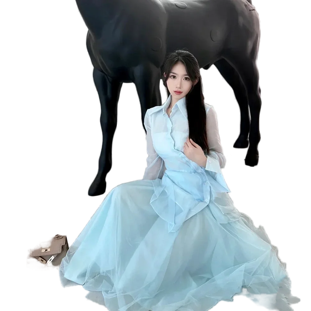 

Niche Design Irregular Multi-layer Mesh Half Skirt Long Saree Women Glacier Blue High Waist Super Fairy Slim Fashion Women Skirt