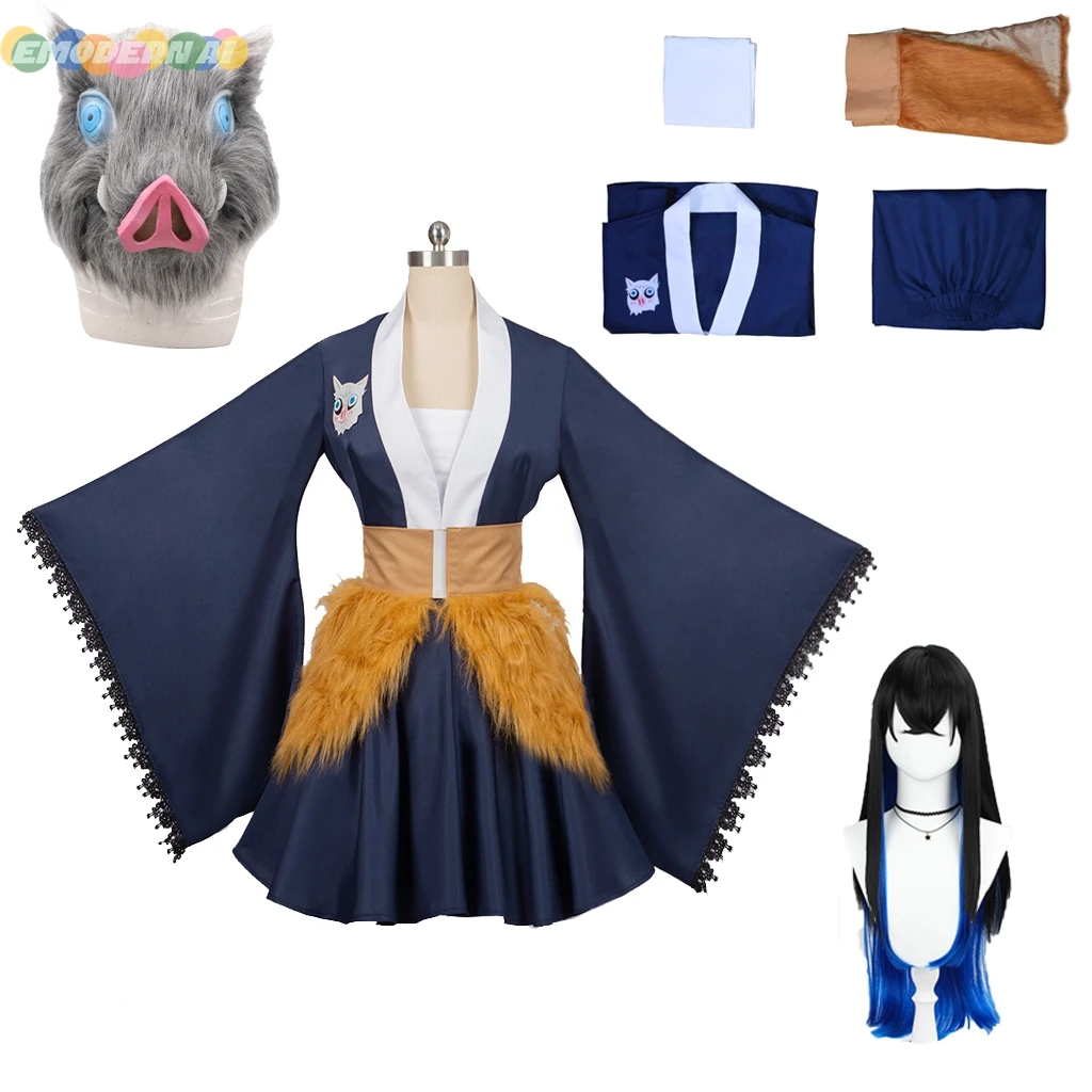 

Anime Demon Slayer Kimetsu No Yaiba Hashibira Inosuke Cosplay Costume Pig Mask Women Outfit Set Halloween Carnival Clothes