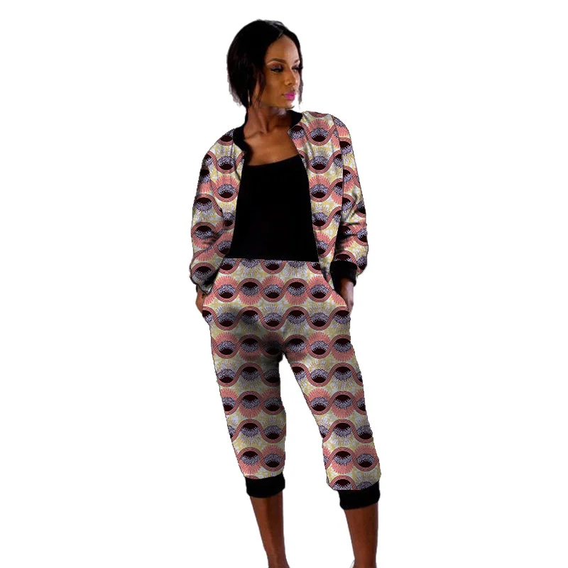 

Nigerian Print Women's Bomber Jackets+Cropped Trousers African Lady Set Clothing Street Style Gift For Wedding/Party