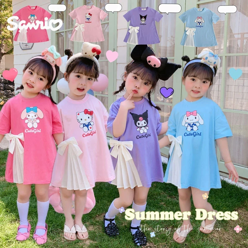 

Sanrioed Anime Girls Summer Dress Hello Kittys My Melody Kuromi Cinnamoroll Pleated Bow Knot T-Shirt Skirt Girl Clothes Vestidos