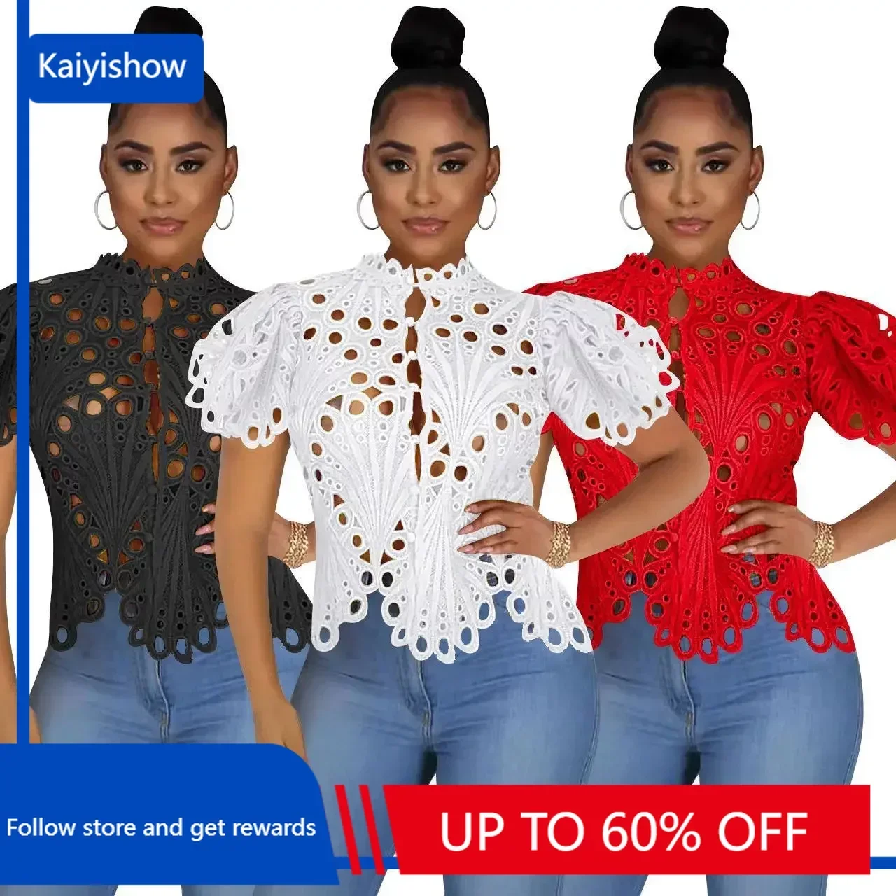 

Elegant Short Sleeve Hollow Out Mesh Lace T-shirt Sheer See Through Crop Top Women Summer Sexy Nightclub Party Blouses