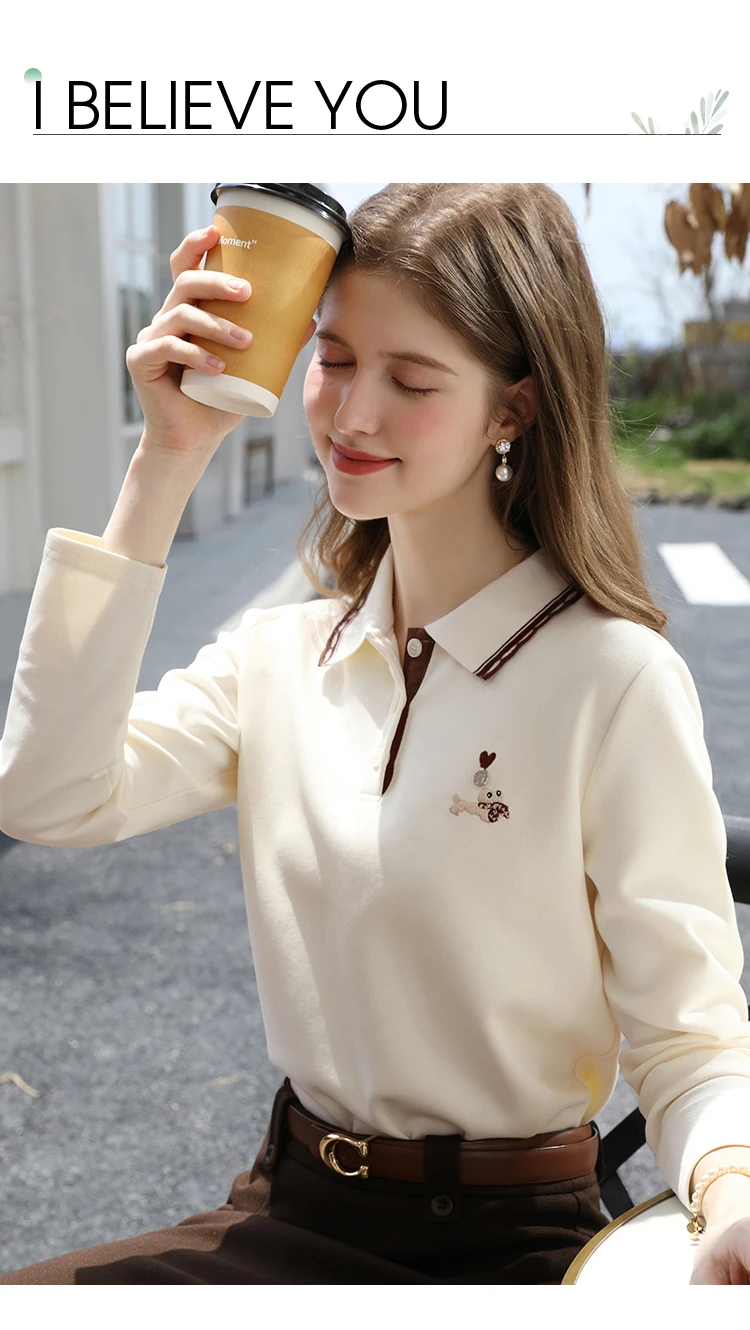 I BELIEVE YOU Polo Neck Long Sleeved T-shirt for Women Autumn 2025 Apricot Casual Tees Contrast Color Embroidery Top 2253016181 92 S29037e9bfb46448d8442b33b168ba2a56