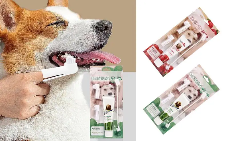

Dog Toothbrush And Toothpaste With 3 Brush Heads Pet Toothpaste Edible Natural Plant Extracts Oral Care Pet Supplies products