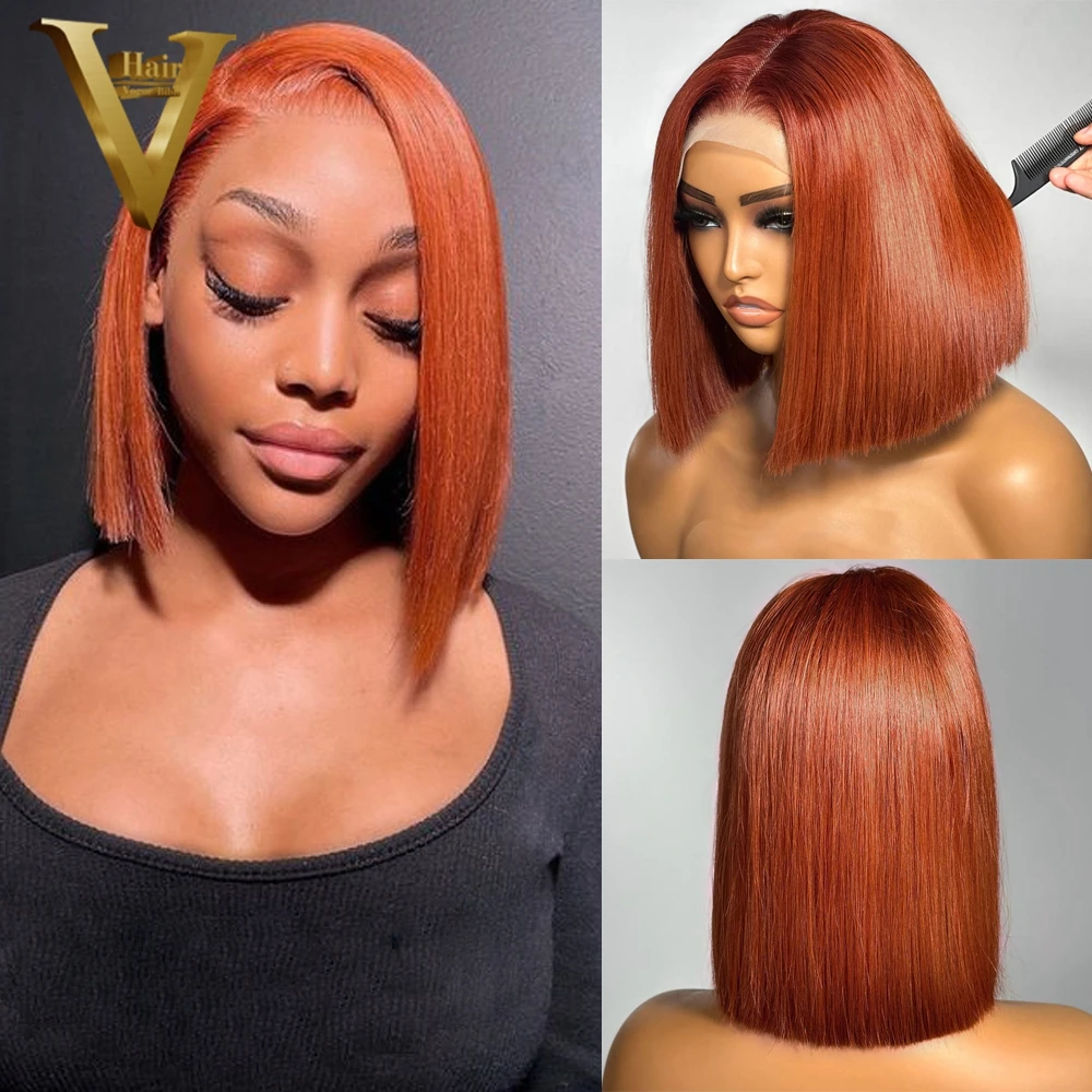 

Ginger Honey Blonde Short Bob 13X4 Lace Front High Density Wig Preplucked Glueless Grey Green Colored Pixie Cut Frontal Wigs