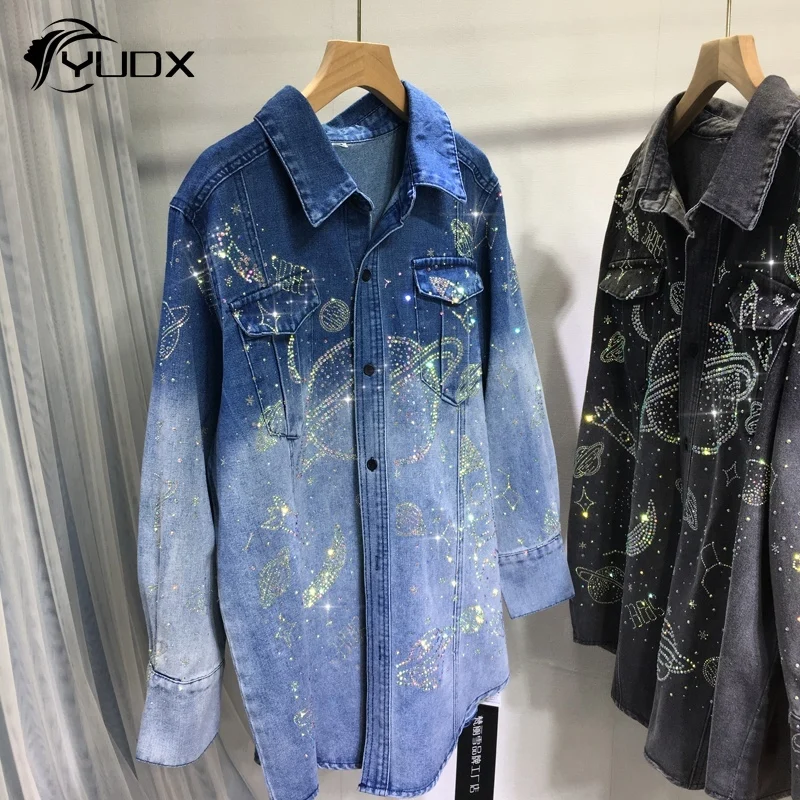 

YUDX Shiny Starry Sky Hot Drilling Women Denim Shirt New Spring Mid-long Cardigans Coat Streetwear Long Sleeve Loose Jean Jacket