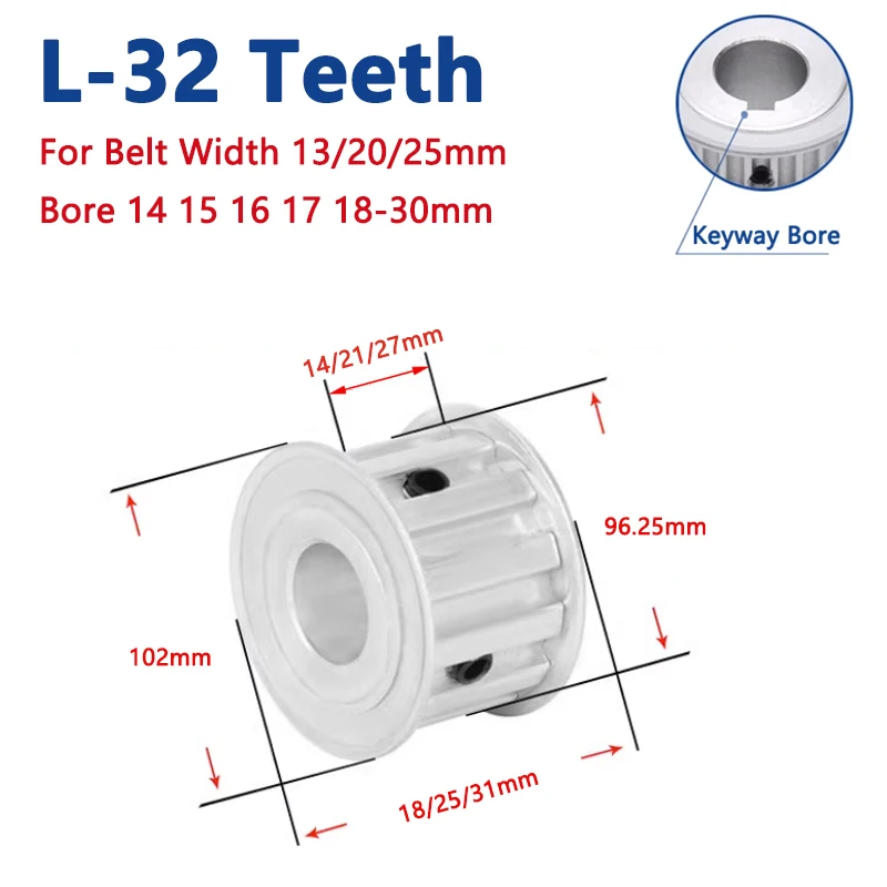 1pc 32 Teeth L Timing Pulley 32T Aluminium Synchronous Wheel for Belt Width 13/20/25mm Bore 14 15 16 17 18 19 20 22 24 25-30mm
1pc 32 Teeth L Timing Pulley 32T Aluminium Synchronous Wheel for Belt Width 13/20/25mm Bore 14 15 16 17 18 19 20 22 24 25-30mm