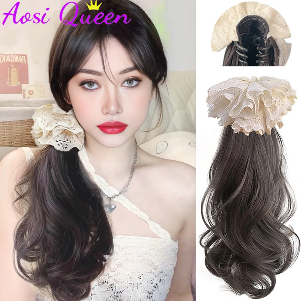 

AOSI Ponytail Wig For Women New Chinese Style Bow Half-tied Low Ponytail Side Pear Curl Claw Clip Ponytail