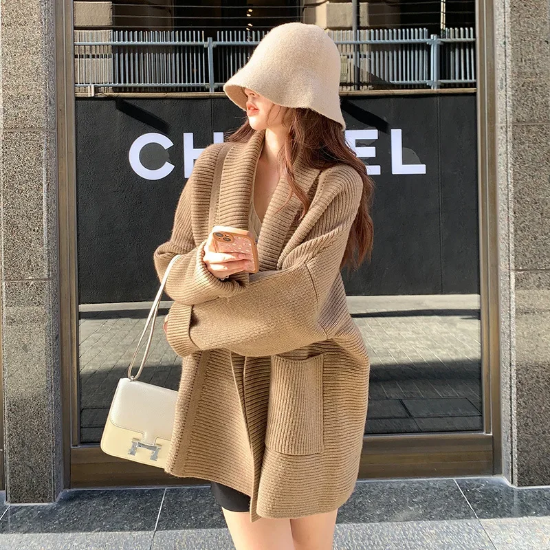 

Women Turn Down Collar Mid Length Thick Cardigan Splice Sweaters Full Sleeve Knitted Casual Coats Autumn Winter Open Stitch