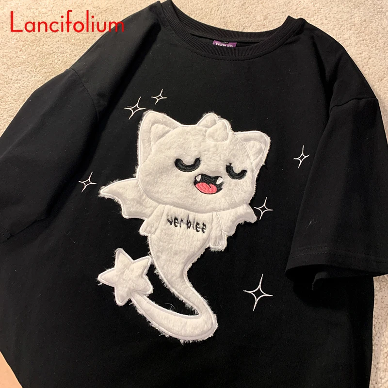 

Korean Kawaii White Embroidery Flock Emo Tee Short Sleeve BF Loose Oversized Gothic Goth Tshirt Black Graphic T Shirt Top Summer