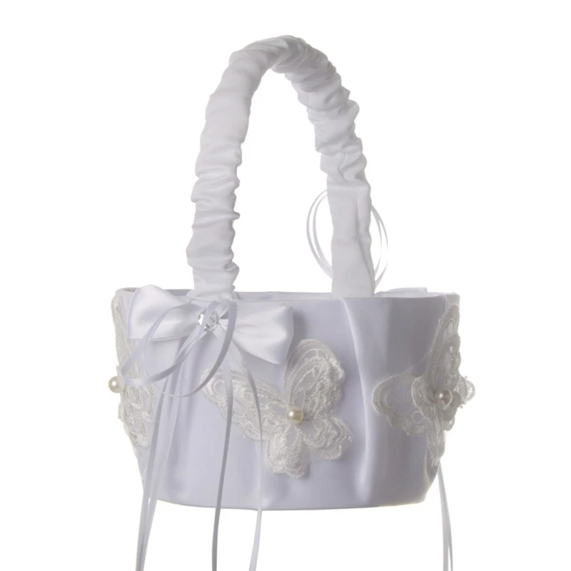 

Flower Girl Basket with Handle Small White Cloth Baskets Lace Butterflies Bows Decorations for Wedding Ceremony F0S4