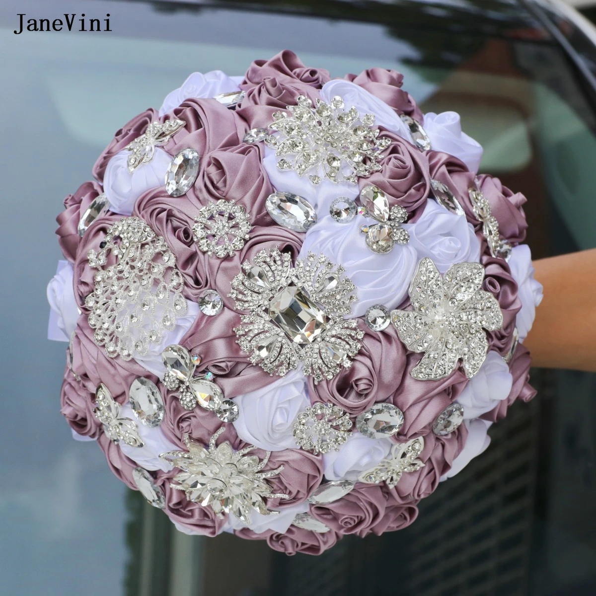 

JaneVini New European Dusty Purple White Wedding Flowers Bridal Bouquets Bling Crystal Artificial Satin Roses Bride Hand Bouquet