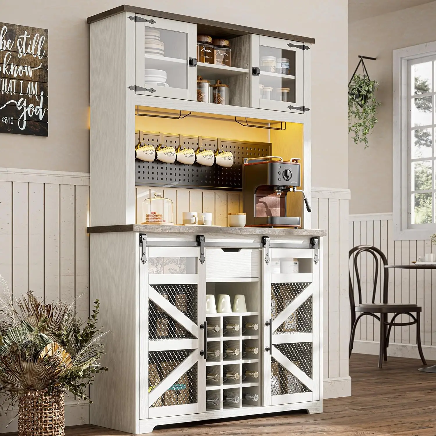 DOMICON Farmhouse Coffee Bar Cabinet with Power Outlet, LED Light, 13 Storage Shelves, 12 Wine Rack, Pegboard
DOMICON Farmhouse Coffee Bar Cabinet with Power Outlet, LED Light, 13 Storage Shelves, 12 Wine Rack, Pegboard