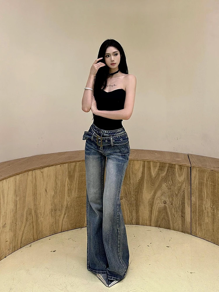 

Women Blue Y2k Flare Jeans Baggy Aesthetic Streetwear Vintage Cowboy Pants Harajuku High Waist Denim Trousers 2000s Clothes 2024