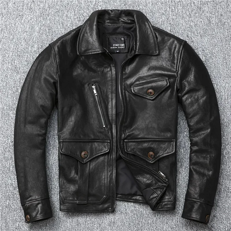

YR!Free shipping.Pakistan leather.Brand Luxury vintage brakeman style tanning sheepskin jacket,men slim genuine leather coat