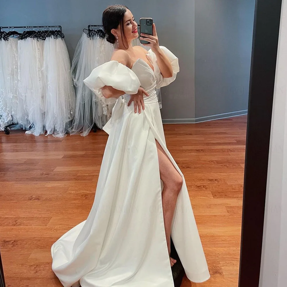 

V-Neck Strapless Wedding Dresses Puff Sleeves A-Line Long Bride Dress Backless Slit Sexy Dresses For Women 2023 Robe De Mariee