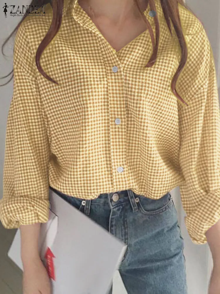 

2024 Spring Lapel Blouses Women Checked Shirts ZANZEA Fashion Casual Loose Long Sleeve Tops Tunics Vintage Drop Shoulder Blusas