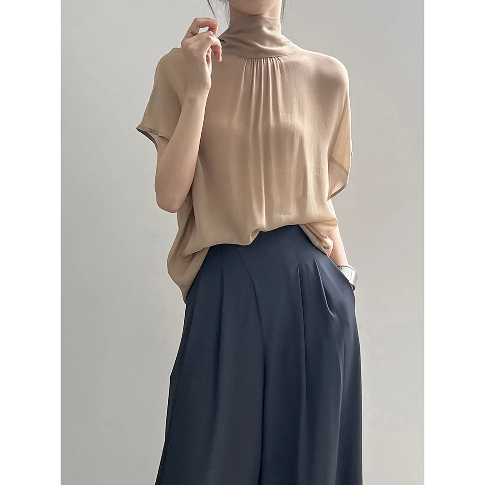 

Женская одежда во французском стиле, шифоновая рубашка с воротником-стойкой, лето 2024, темпераментная универсальная Новая модная Повседневная Блузка