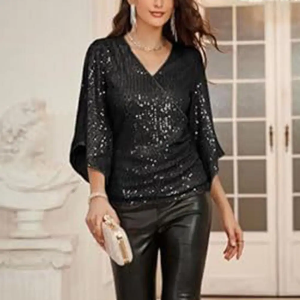 

Sequin Bell Sleeve Top Sequin Hollow Out V Neck Blouse Soft Breathable Lady Commute Prom Top Three Quarter Sleeve Solid Color