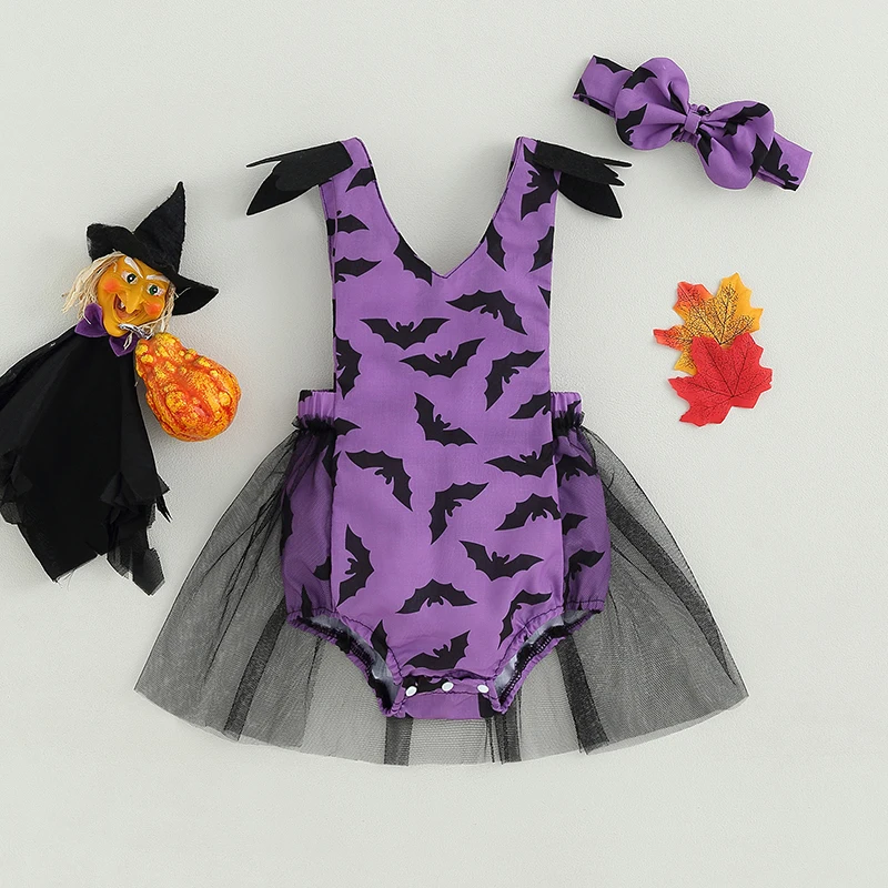 

Infant Baby Girl Halloween Outfits Sleeveless Backless Romper Dress Bat Lace Tutu Skirt Witch Bodysuits Headband 2 Piece Costume
