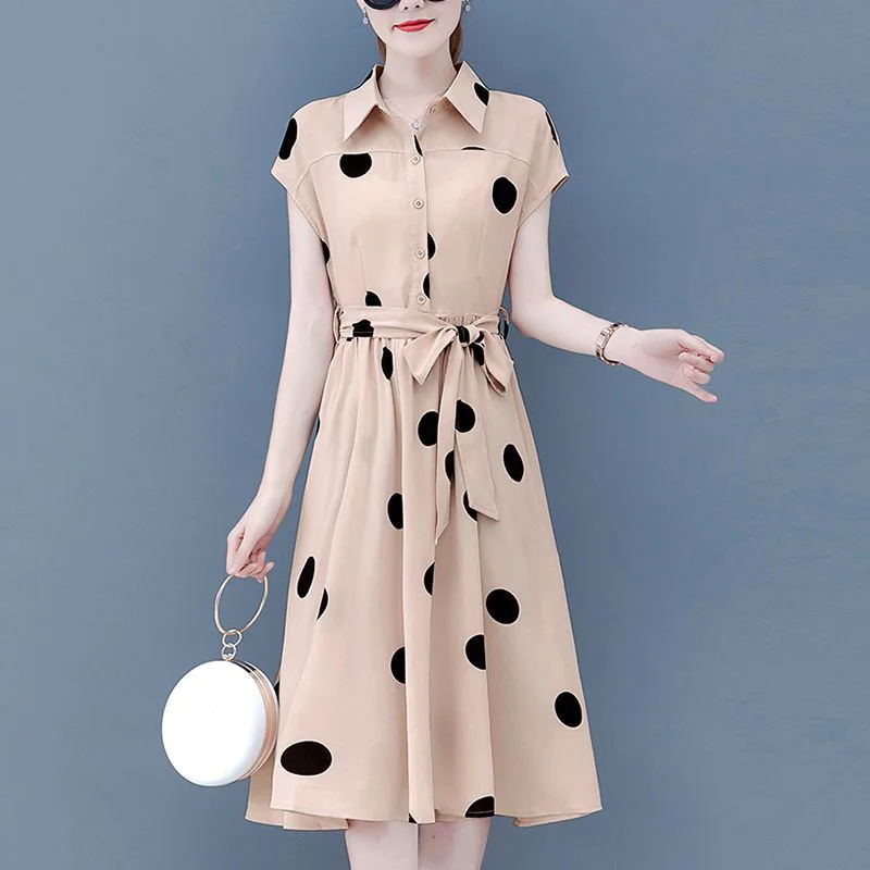 

Fashion Loose Shirring Bandage Bow Polka Dot Midi Dress Women's Clothing 2023 Summer New Oversized Office Lady Princess Dress