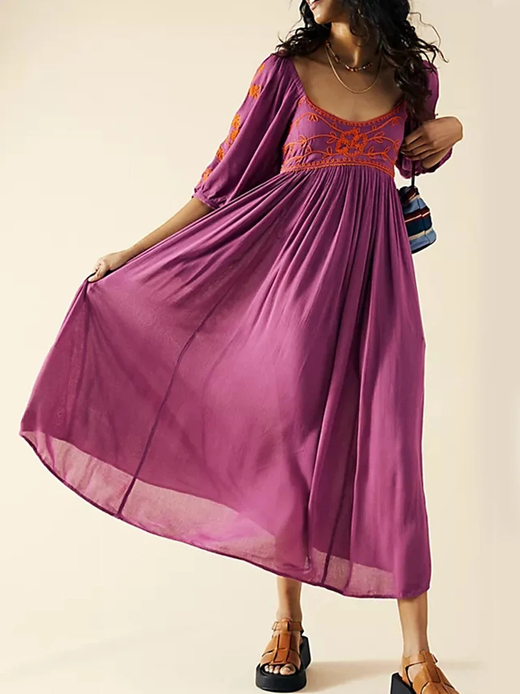 

Платье-макси Gypsylady в стиле бохо с цветочной вышивкой, хлопковое летнее платье-трапеция с рукавом до локтя и открытой спиной, женское винтажное платье в этническом стиле