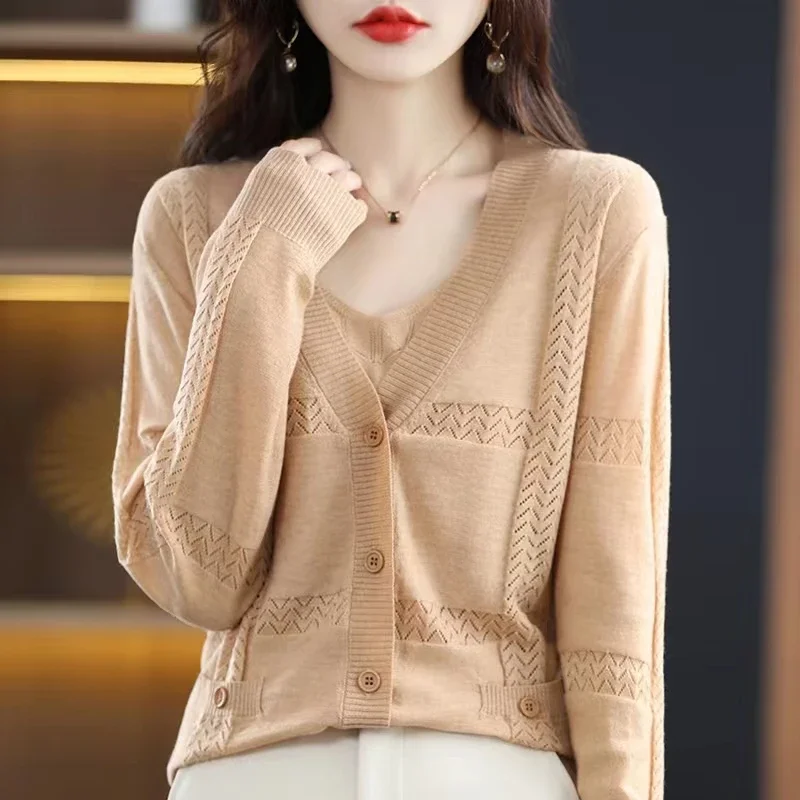 

Summer Thin Wool Cardigan Women's V-Neck Coat Loose Hollow Knitted Long-Sleeved Top Sunscreen Outer Tower Air-Conditioning Shirt