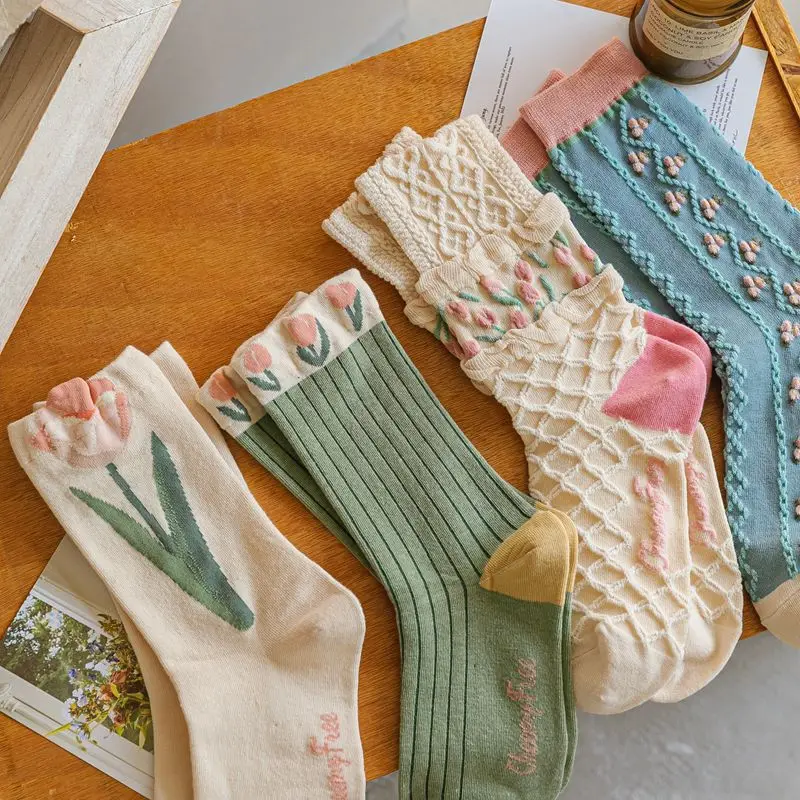

2023 New Women Socks Korean Style tulip Flower Casual Cotton Sock Girls Frilly Ruffle Cute Sweet Breathable Kawaii Crew Socks