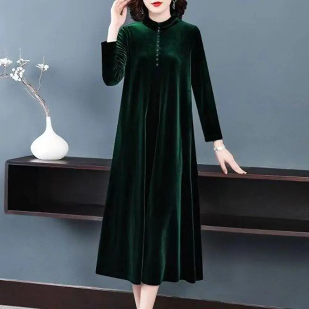 

Mid-calf Length Mother Dress Button Pure Color Mother Dress Elegant Loose Hem Lady Spring Dress Lady Garment