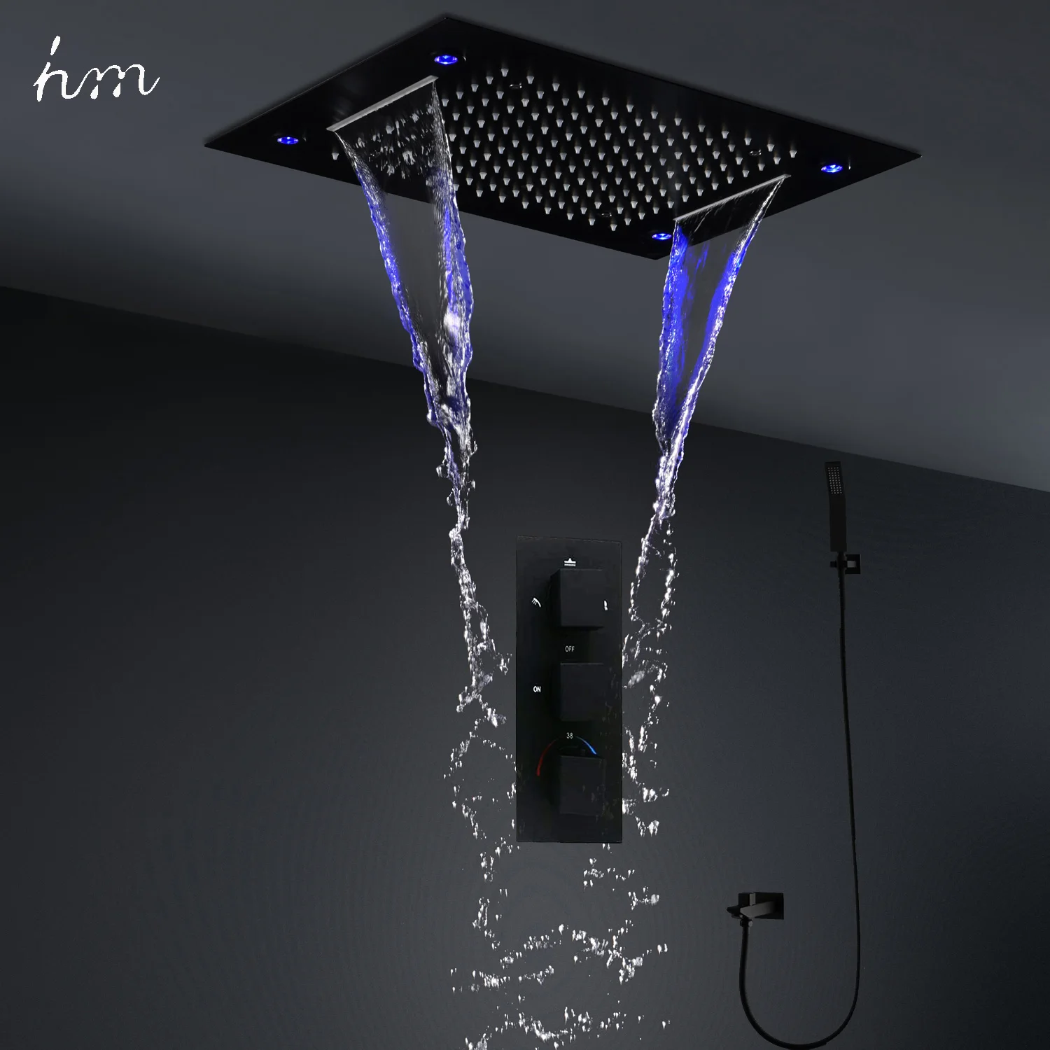 

hm High Quality Black LED Shower System Ceiling Waterfall Rain Shower Head Set With Thermostatic Mixer Valve Diverter Faucets