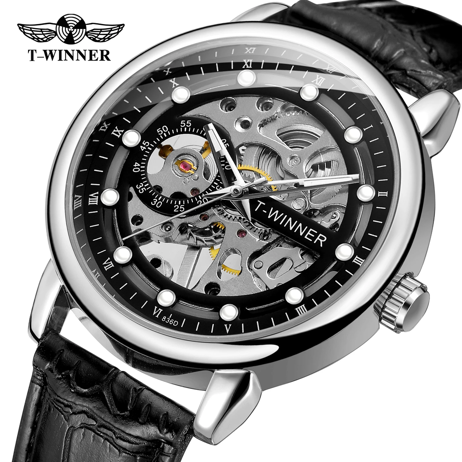 

T-Winner Men's Watches Skeleton Meachanical Men Watch waterprooof Leather Strap Wrist Watch Man Hours Luxury Fashion Hand Clock