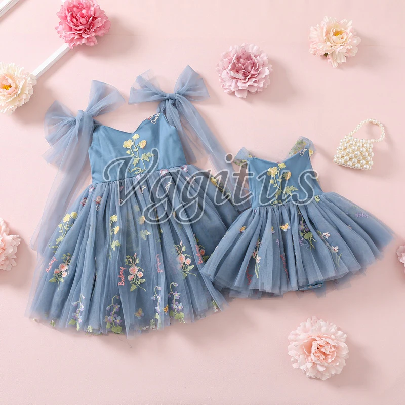 

Summer Daughter Family Matching Outfits Baby Girl Soild Color Embroidery Open Back Dress Sling Bodysuit for Twins Sisters E1237