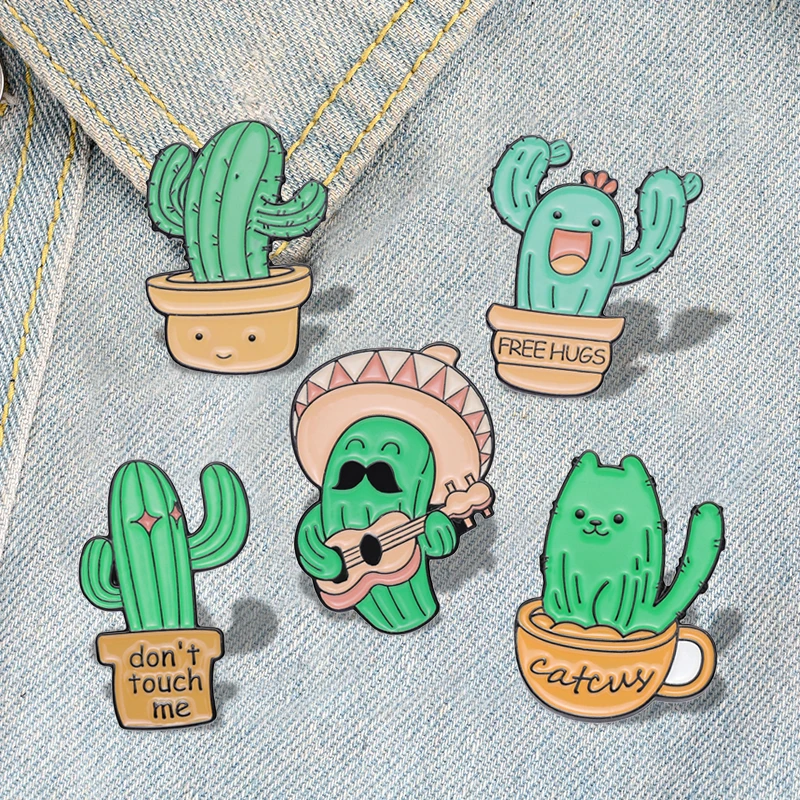 

Cute Cactus Enamel Pins Custom Don't Touch Me Brooches Lapel Badges Green Plants Guitar Concert Funny Jewelry Gift for Friends